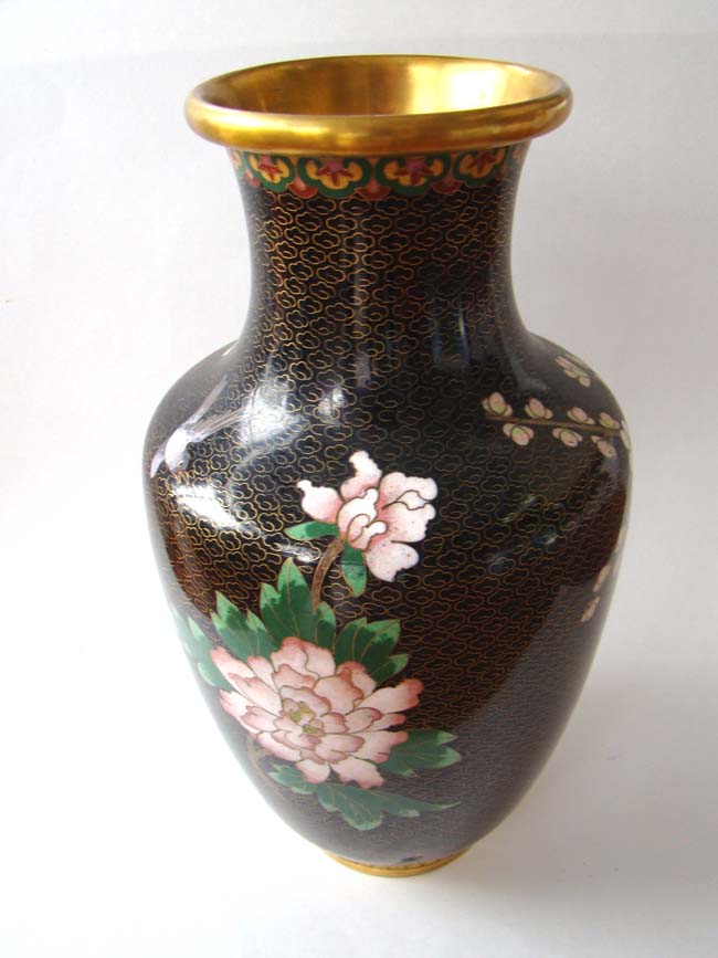 A fabulous Chinese black and gold decorated vase with birds and flowers circa 1950